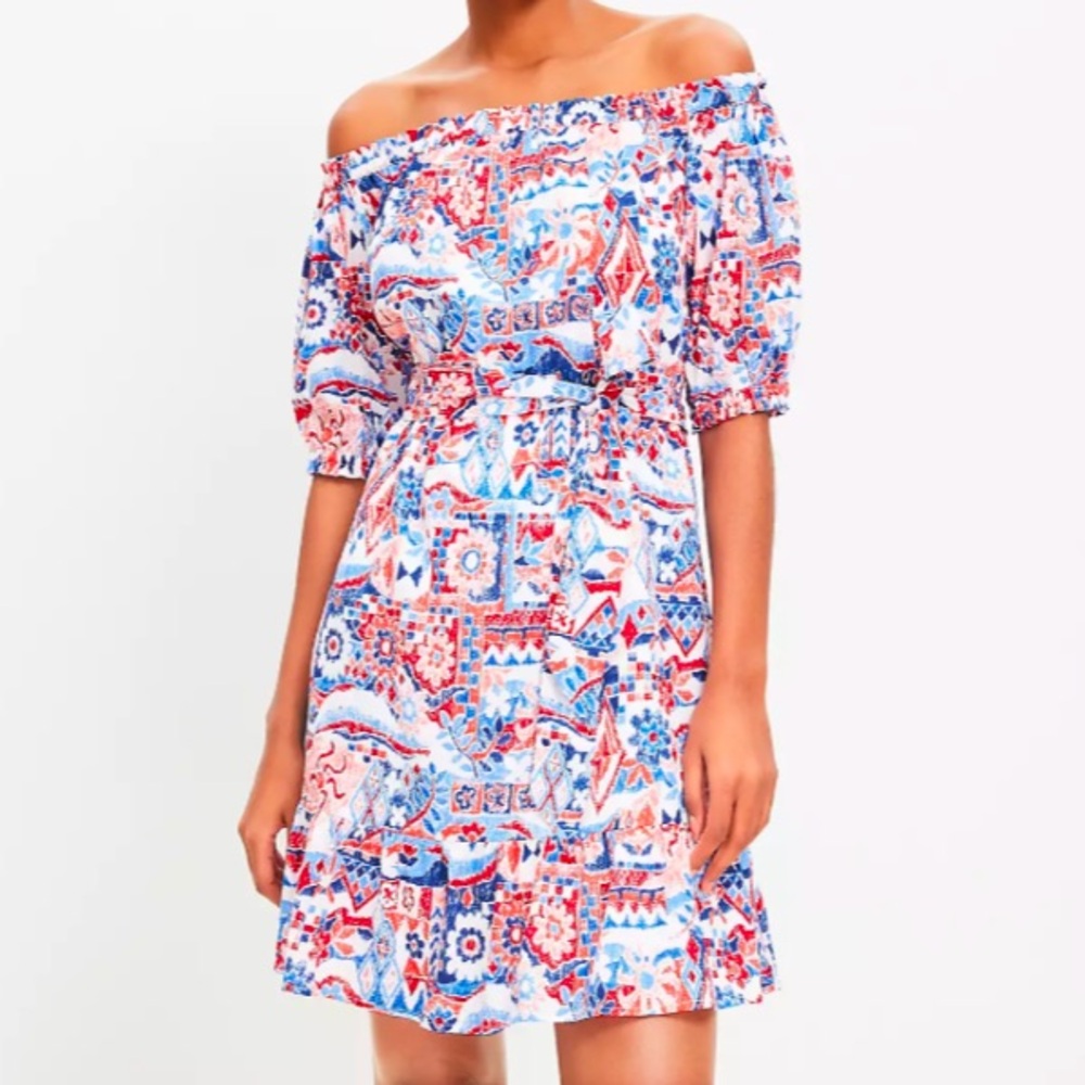 LOFT Scribble Ruffle Off The Shoulder Mini Dress